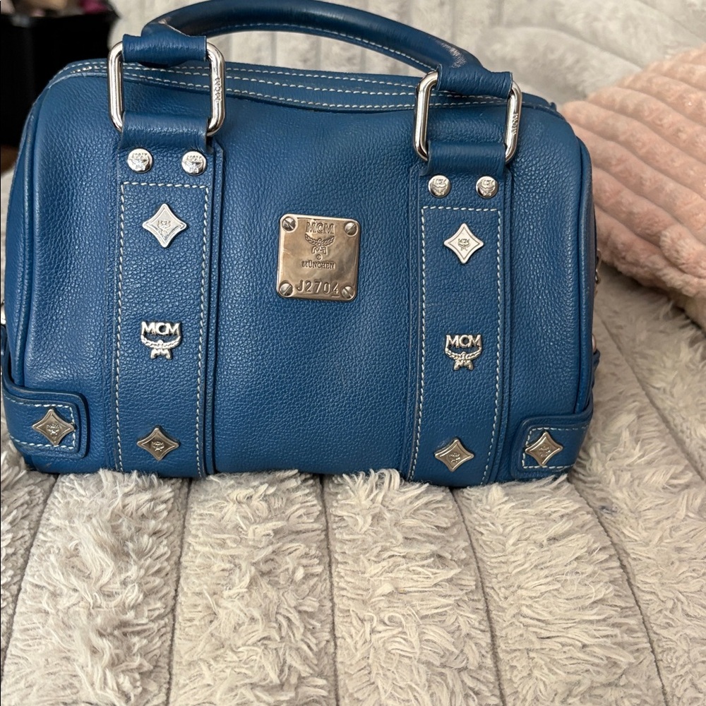 MCM Teal Leather Satchel with Silver Details
